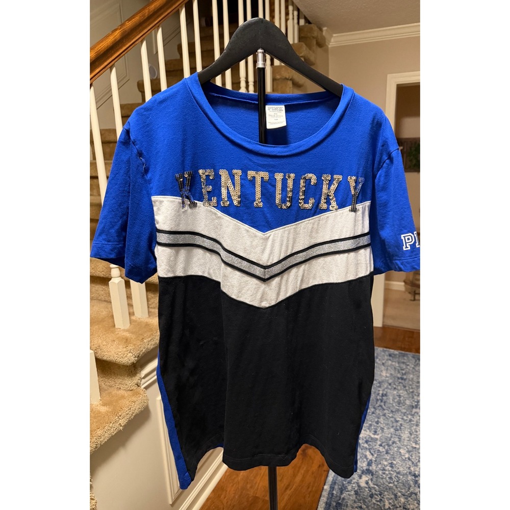 PINK Victoria's Secret Kentucky Wildcats Sequin Colorblock Tee Blue Large